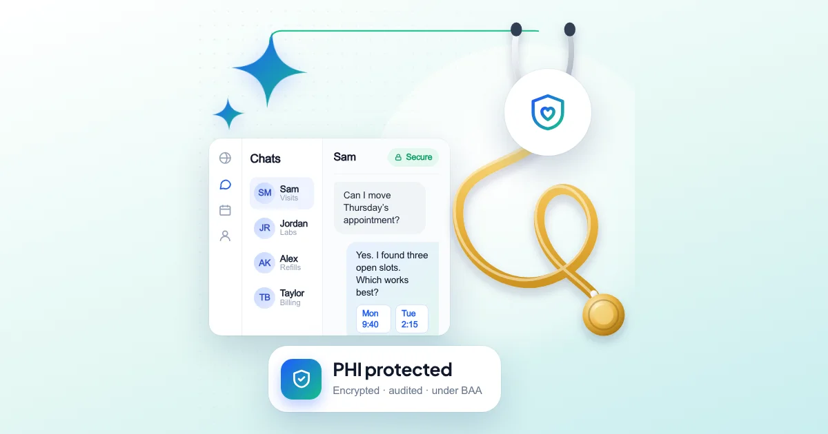 Blueprint of a HIPAA-compliant AI agent: patient app, identity, orchestrator, PHI minimizer, model under BAA, guardrails and FHIR API with an audit log
